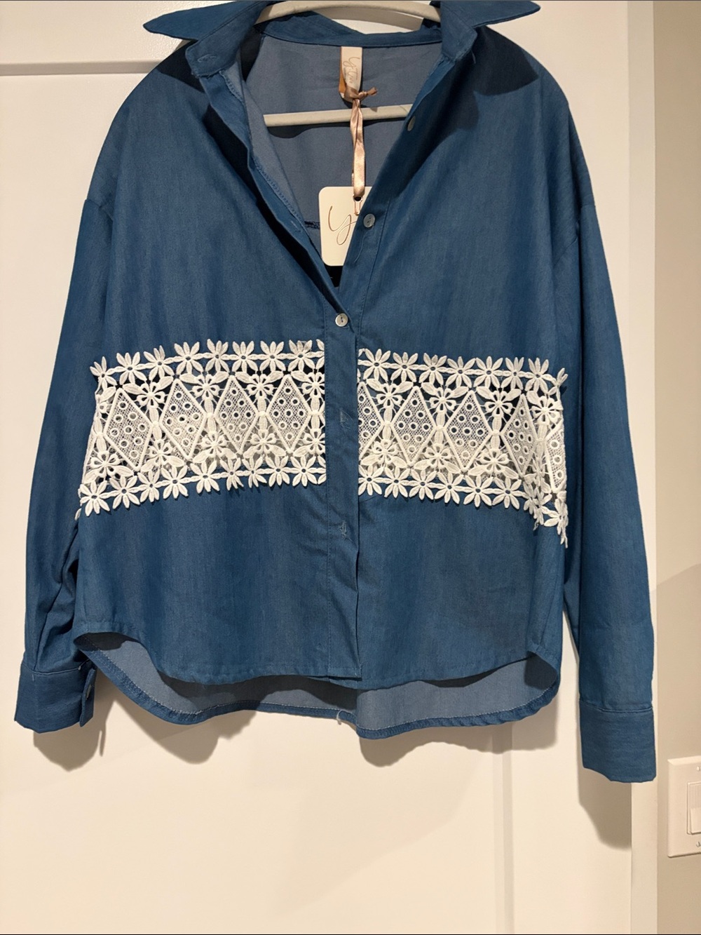 Women's Blue Button-Down Shirt with White Lace . Never worn its beautiful